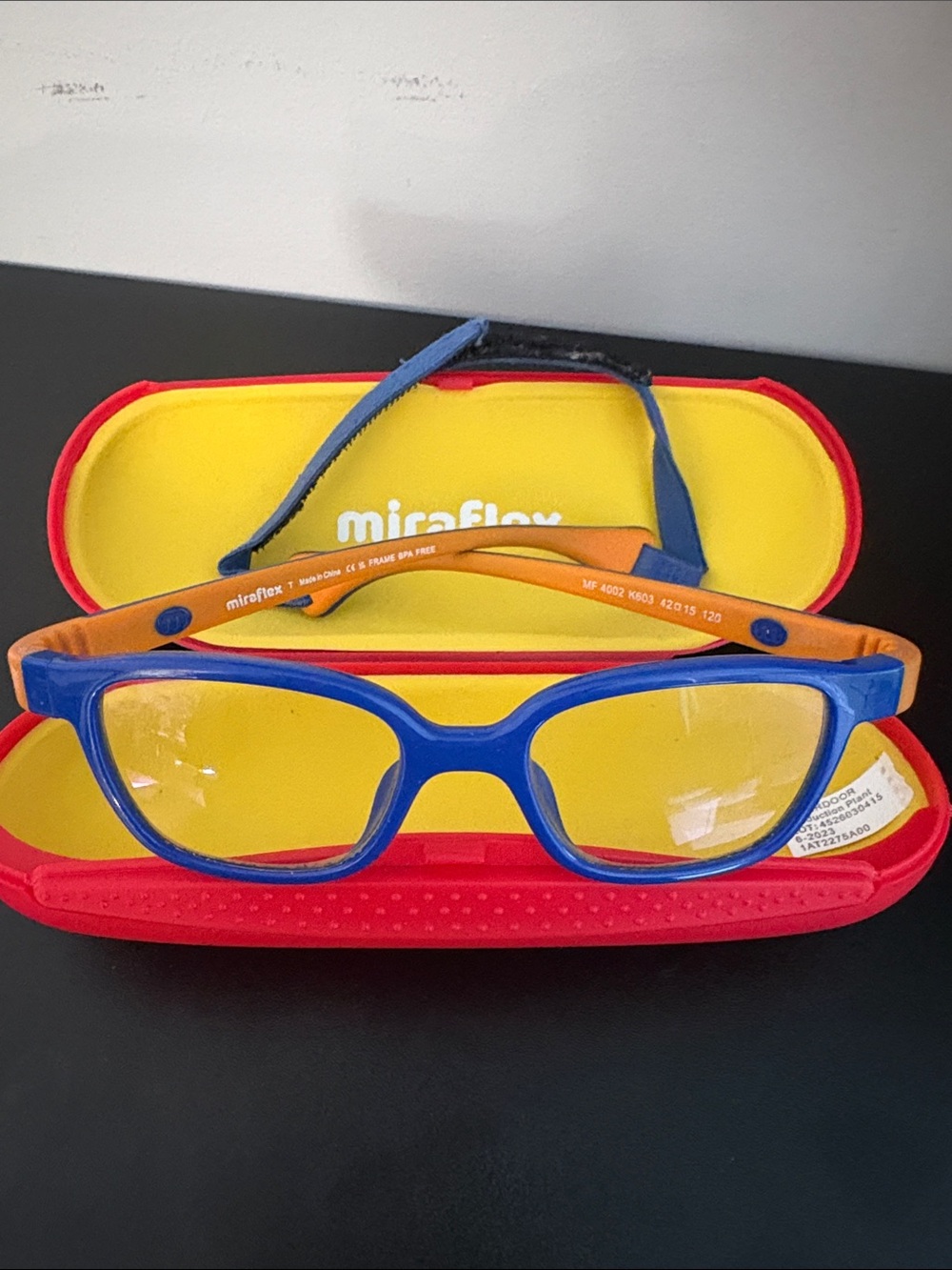 Miraflex Kids Blue and Orange Flexible Eyeglass Frames with Red Case